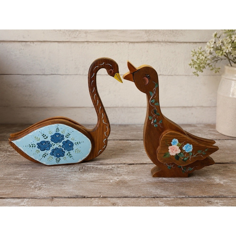 Vtg Pair Of Wooden Hand Painted Tole Country Goose Duck Figurines Floral Decor